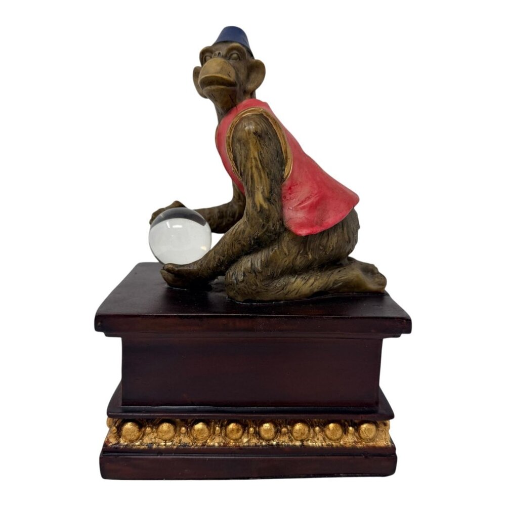 Vintage Monkey in Fez & Vest with Crystal Ball Resin Bookend Figurine 7.5" Tall‎
